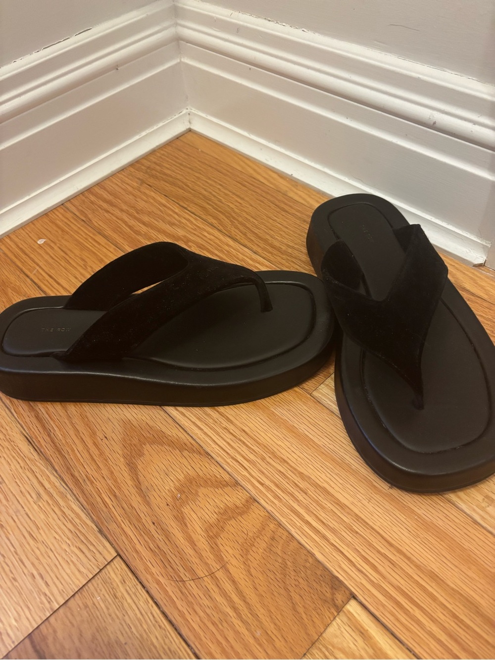 The Row Black Suede Flip Flop Sandals